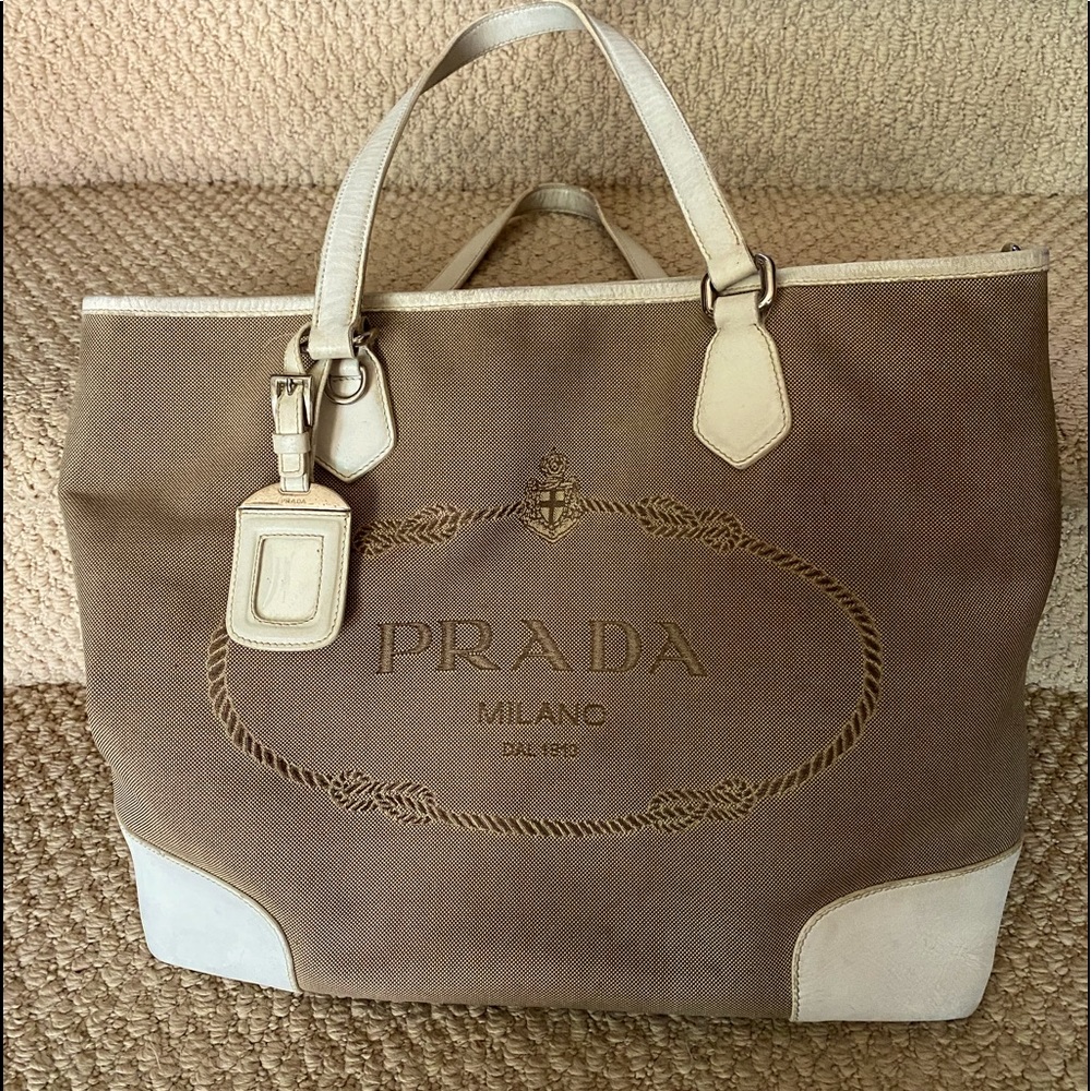 Prada Rope logo white and tan tote
